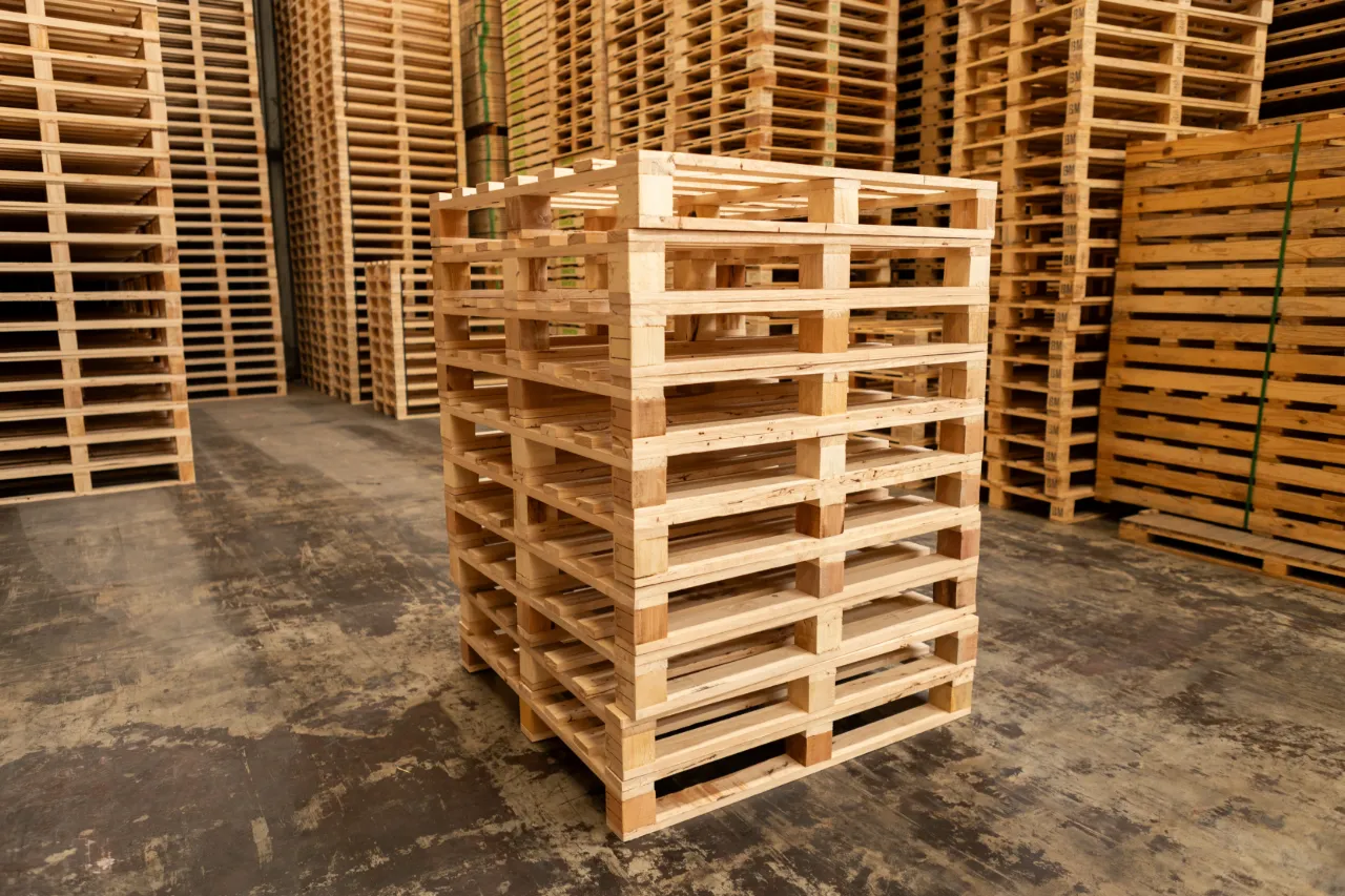A stack of wooden crates in the foreground, with several more stacks visible in the background.